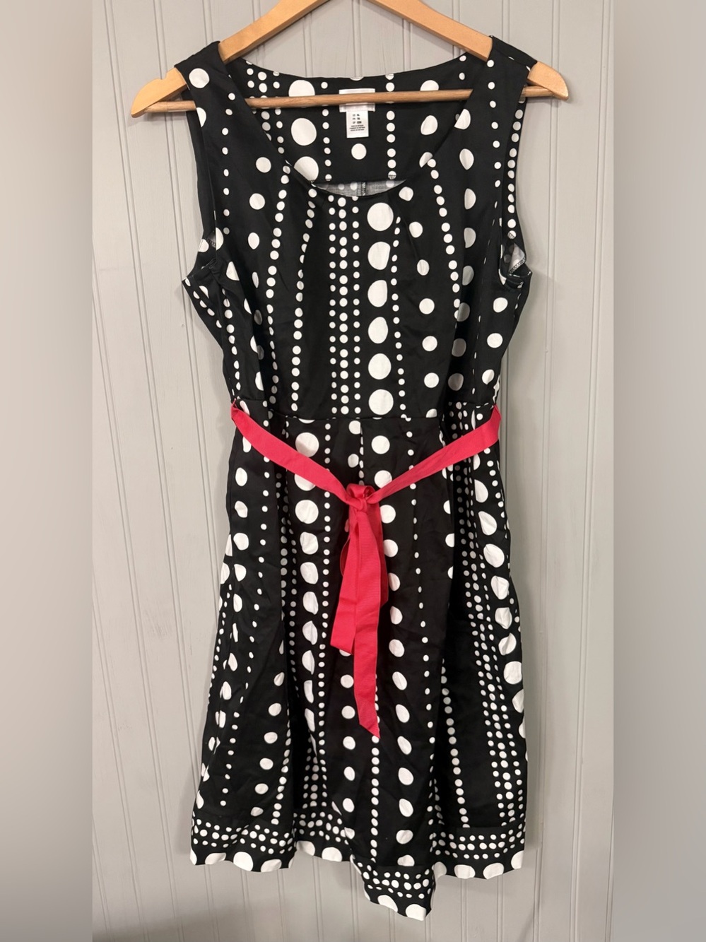 Maternity Black & White Polka Dot Sleeveless Dress with Pink Tie Belt